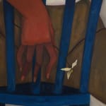 Detail of Hilda Palafox painting - chair back and hand shown holding small white flower