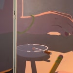 detail of a painting on a wooden room divider by artist Adrian Kay Wong depicting layered composition of an interior setting with two individuals sitting at a table, obscured by a partially opened door and door frame respectively