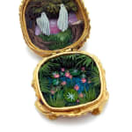 hand-cut watercolor collage in antique cosmetic compact by Shannon Taylor with two hovering ghosts