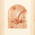 Madeleine Tonzi - Traced print in shades of red of large rocks, half arch, a water drop, and an orb represent wither sun or moon.