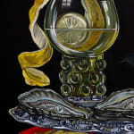 Detail photo of the oil painting still life, focusing on the glass and oysters by Sabrina Bockler