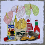 painting of french fries, mussels, hot sauce, joint ring pop, and flowers in jars