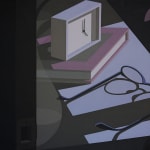 Still life painting of a bedside table with an alarm clock on top of a book and a pair of glasses besides it.