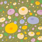 Danym Kwon - painting of flowers in shades of purple and yellow. the background is painted in pastel olive green.