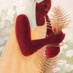 painting by Genevieve Cohn depicting a woman holding a various sized fern leaves in front of a lush rose bush