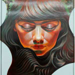 Portrait of a woman with dark brown hair and bangs facing the viewer with her eyes closed and her head turned down. There are trees in the background and an abstract blue shape creating a border around her face.