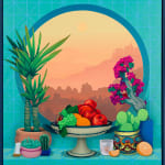 framed painting of brightly colored fruits and plants in front of a window in a turquoise room