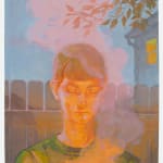 Painting of a woman with her hair tied back wearing a t-shirt looking down onto some rising smoke and light, behind her is a wooden fence, a tree and a house with a light on in the window.