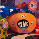Painting of a studio set with a black and white swirling floor, a slide that is a long tongue coming out of a figures mouth, and veiny eye ball clock