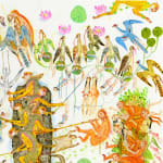 Detail shot of a painting by Mu Pan of creatures, animals and human hybrids eating, sleeping, killing, flying and climbing