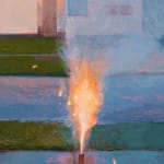 Painting of a firework going off on the sidewalk in front of a house, you can see the street and another house across the street. There is a small SUV parking along the sidewalk.