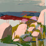 landscape scene of light pink rocks dripping over green grass