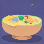 child sleeping on a bowl like shape with a blue sky and moon and the book Goodnight Moon