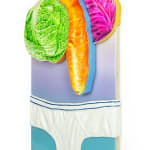 Painting of a green cabbage, a carrot and a purple cabbage above a white pair of underwear briefs.
