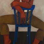Hilda Palafox painting of woman with hair in braid siting in backwards blue chair holding small white flower