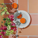 Natalia Juncadella painting of tiles, orchid, oranges on plate and shadows