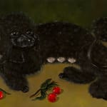 Painting of a small black poodle with cherries at its feet and its nipples exposed by Sabrina Bockler