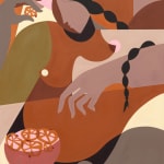 Abstract painting of a woman eating chicharrones from a bowl with a long black braid down her side and around her arm.