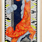 geometric patterned painting of an animal crawling from a portal by Andrew Schoultz