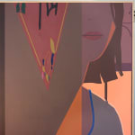 detail of a painting on a wooden room divider by artist Adrian Kay Wong depicting layered composition of an interior setting with two individuals sitting at a table, obscured by a partially opened door and door frame respectively