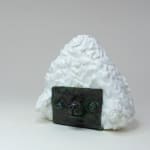 Stephen Morris "Rice Ball" ceramic sculpture of realistic rice ball wrapped in seaweed featuring eyes mouth and nose
