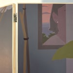 detail of a painting on a wooden room divider by artist Adrian Kay Wong depicting layered composition of an interior setting with two individuals sitting at a table, obscured by a partially opened door and door frame respectively