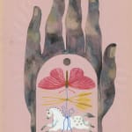 Watercolor image of a hand with the middle hollowed out with a butterfly and a horse on the inside