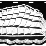 embroidered black and white banner of a ship with many sails