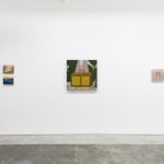 Installation view of Angela Burson's exhibition "Close Encounters" at Hashimoto Contemporary San Francisco depicting (from left to right): "Footward," "Blue Shoes, "Room 715," and "Pink Bow"