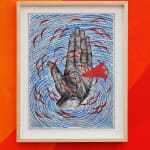 Andrew Schoultz - framed painting of hand on blue background