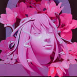 painting of a pink shiny medusa head, surrounded by snakes with one eye closed surrounded by pink flowers by Megan Ellen MacDonald