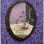 Minyoung Kim painting of oval mirror on purple floral wallpaper. Mirror is showing image of potted flowers, whose shadows are menacing and snake-like