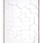 Framed all white wood relief sculptural piece made up of spiral shapes and curves by artist Scott Albrecht