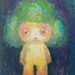 Painting of a yellow figure with green poodle like hair and ears