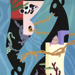 Painting of abstract geometric shapes with fish and coral