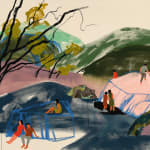 various people standing and sitting around a hilly natural environment