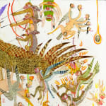 Detail shot of a painting by Mu Pan of creatures, animals and human hybrids eating, sleeping, killing, flying and climbing