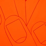Painting of an orange hand holding a hotdog at eye level on a red background