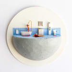 miniature diorama by Abigail Goldman a bloody woman washing herself in the shower next to a body bleeding out on the floor