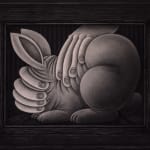black and white painting of two hands holding a rabbit with a black frame