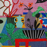 Mosaic still life of an interior with several potted plants and vases.