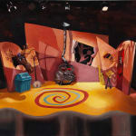 Painting of a set with a yellow flour and a red and blue swirl in the middle, there is a moose head hanging above a blue chest and a wood burning stove in the back