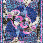 Ben Venom - hand-made quilt with pattern of two birds in dark shade of blue and bright pink.