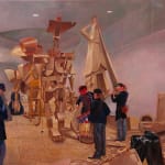 Painting of a studio set with several actors dressed as civil war soldiers surrounding a cardboard puppet