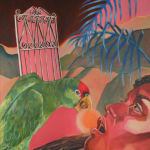 Painting of a woman with her mouth open being fed by a parrot a round cracker