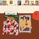 painting of a nude couple laying on a patterned rug beside an unmade bed with floral patterned bedding in the room there is a red chair and shelf full of paintings and various objects by Gina M. Contreras