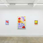 Install image of "Cosmic Bloom." From left to right, "Apple Elbow in Olive & Luminous Red," "Bouquet Painting No. 47," "Bouquet Painting No. 46," "Bouquet Painting No. 48," "Apple Elbow in Pale Peach & Luminous Yellow."