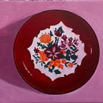painting of a red plate with floral patterns on a pink background