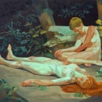 two nude girls in the first, one laying on the ground bleeding, the other seated next to her