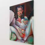 Painting of a woman with long wavy dark brown hair. There is an hand grabbing her exposed breast and another hand on exposed genitals.